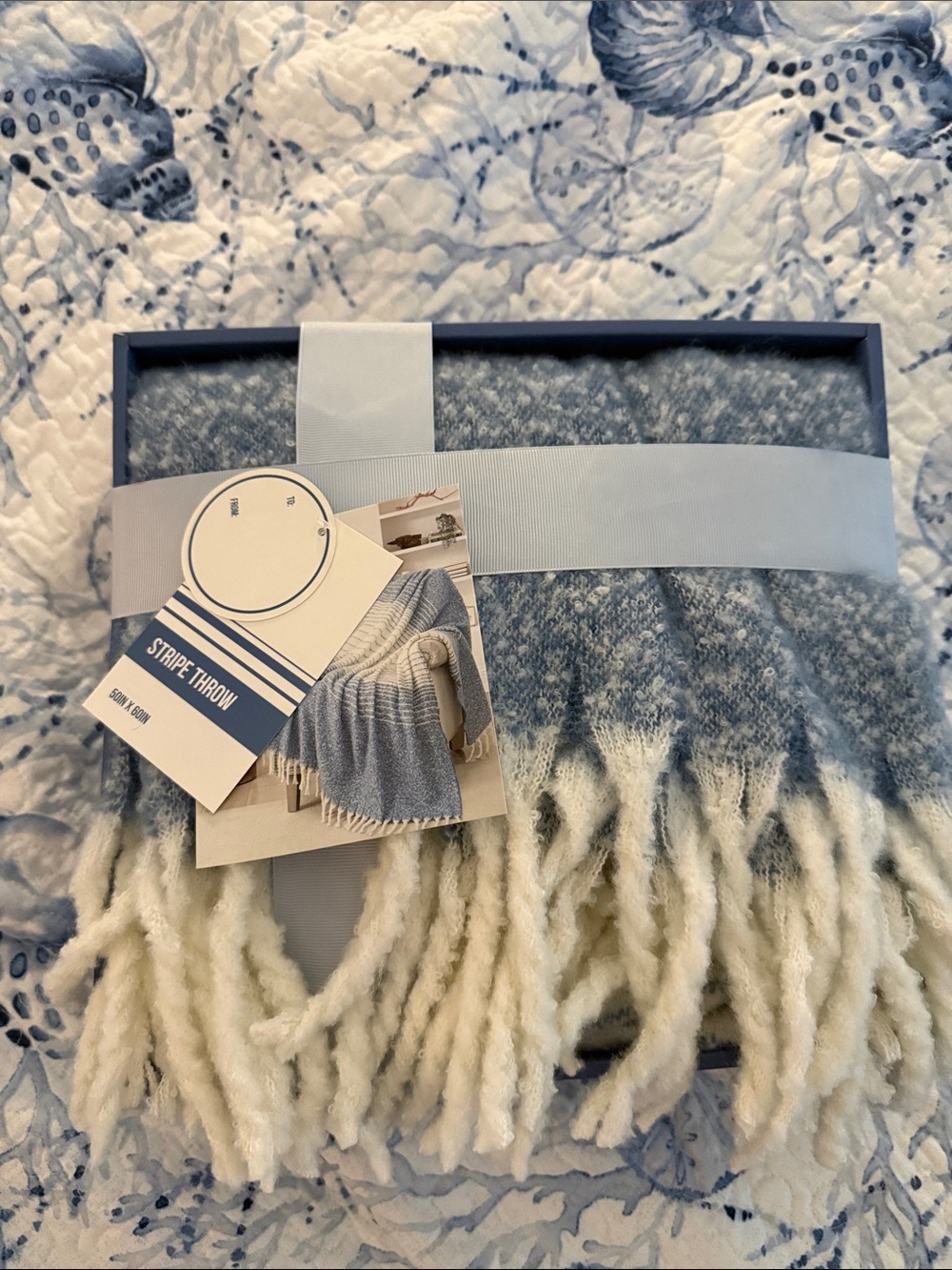 Striped Blue & Cream Fringe Throw Blanket - Lightweight Cozy Throw NWT